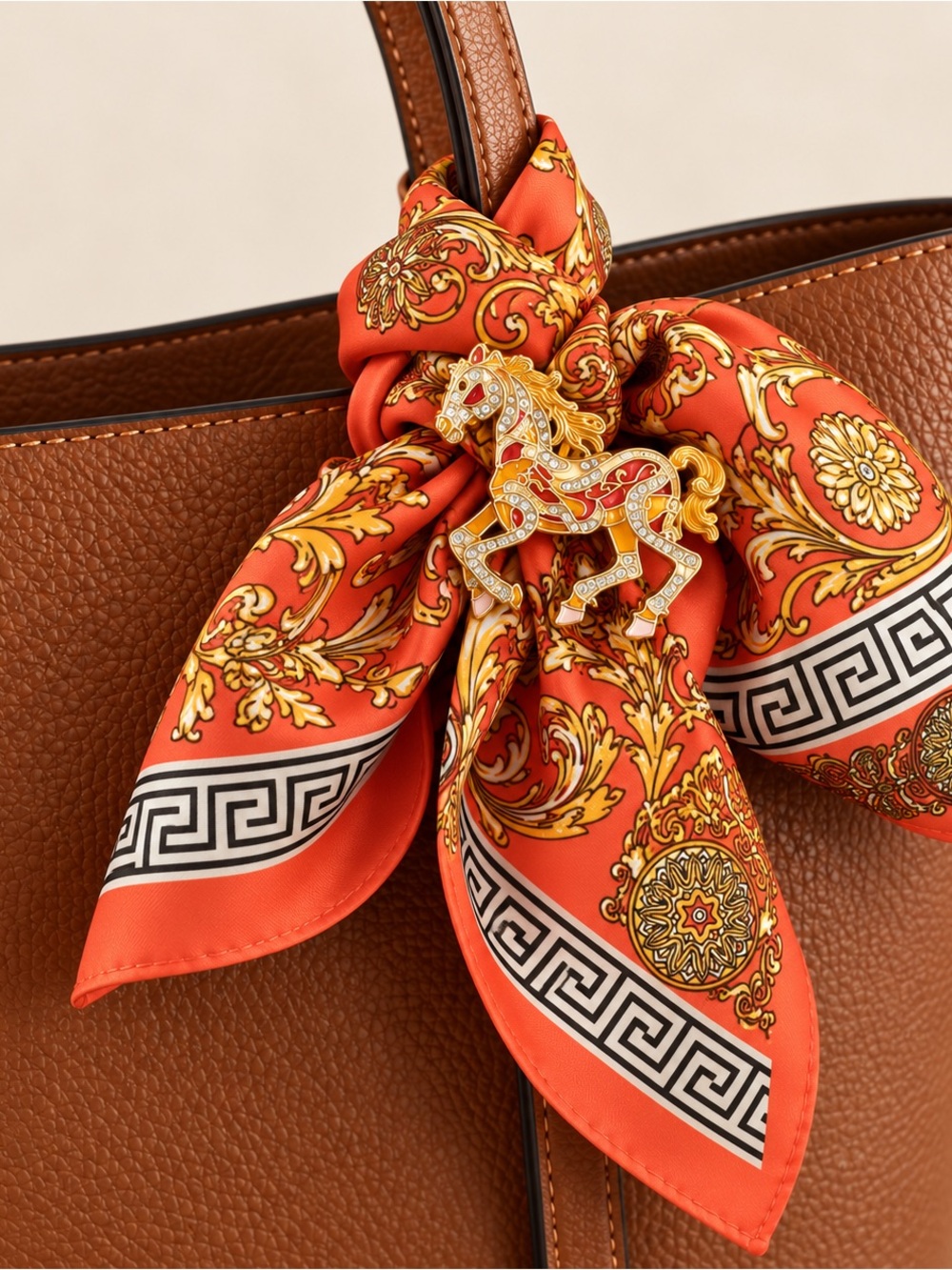 2pcs.Coral Orange Baroque Square Scarf with Gold Horse Brooch